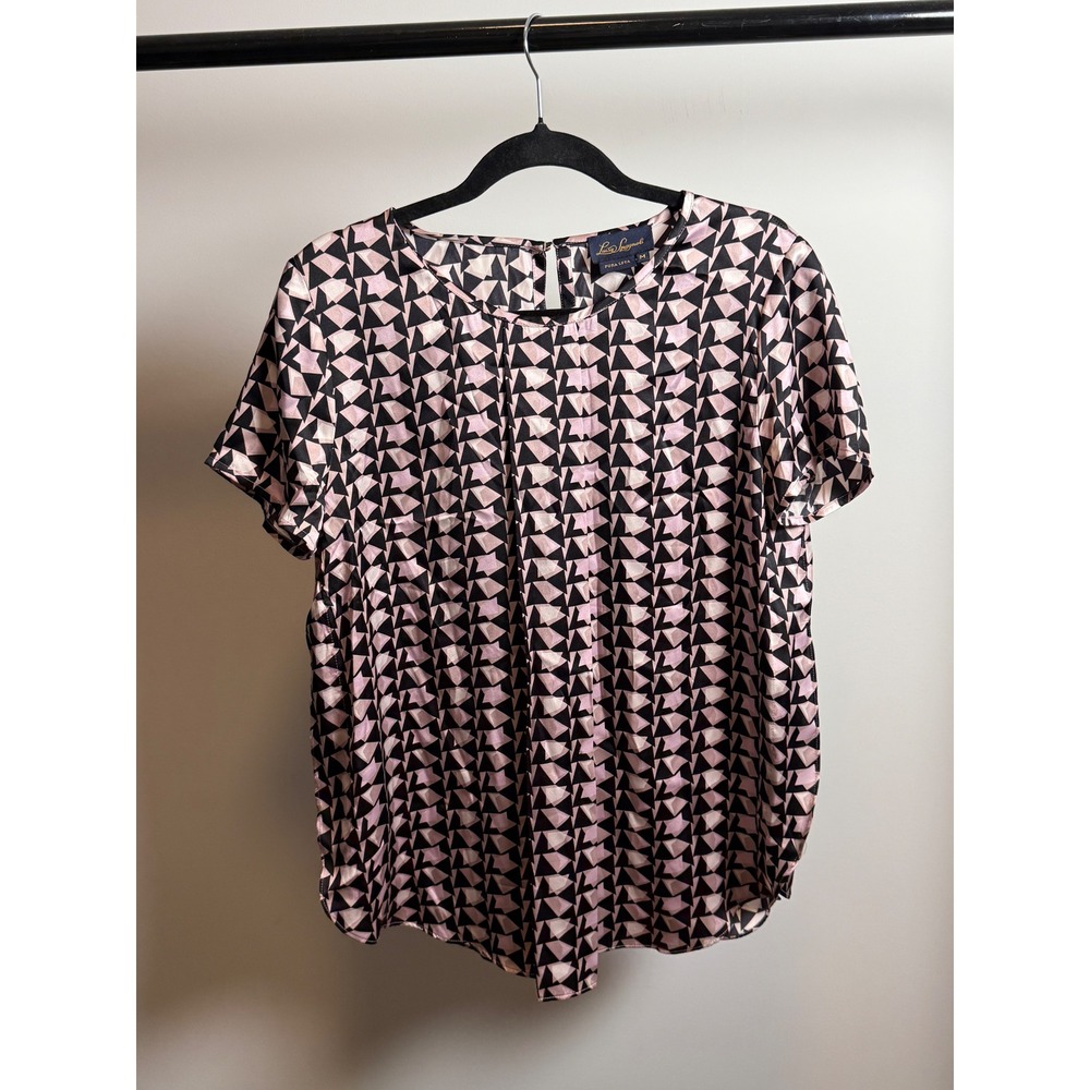 Luisa Spagnoli Pink Black Geometric 100% Silk Pleated Blouse Top Size M Italy